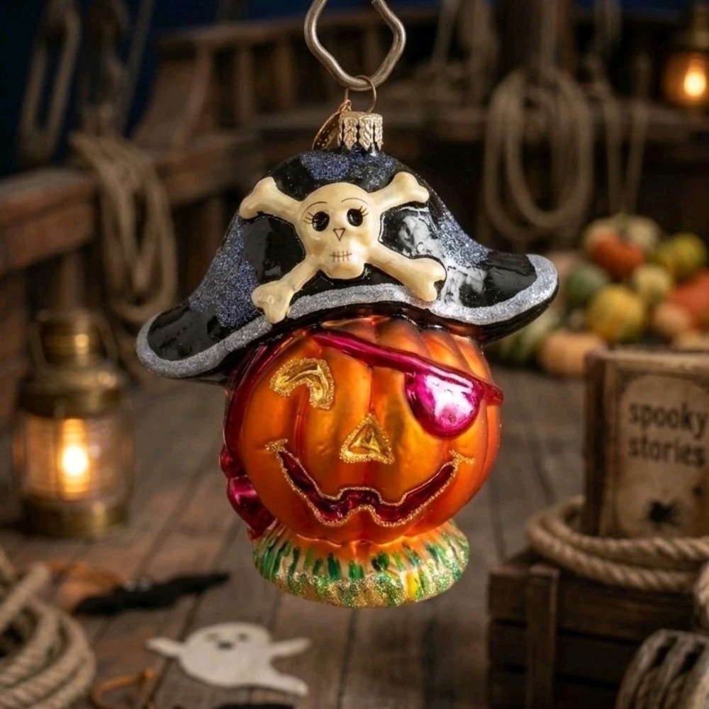 Christopher Radko Pirate Patch Pumpkin Halloween Glass Ornament 5" VTG 2001
